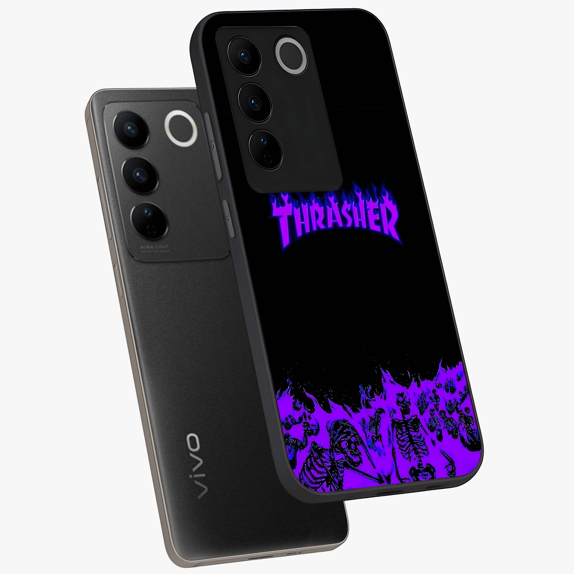 Neon Flame Riot Glass Case displayed in angled mockup highlighting glowing flame design with vibrant neon aesthetic.