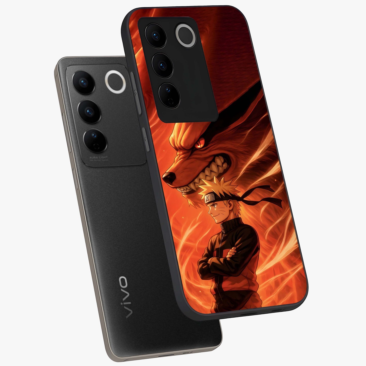 Nine Tails Legacy Glass Case displayed in angled mockup highlighting dynamic anime beast illustration with bold mystical aesthetic.