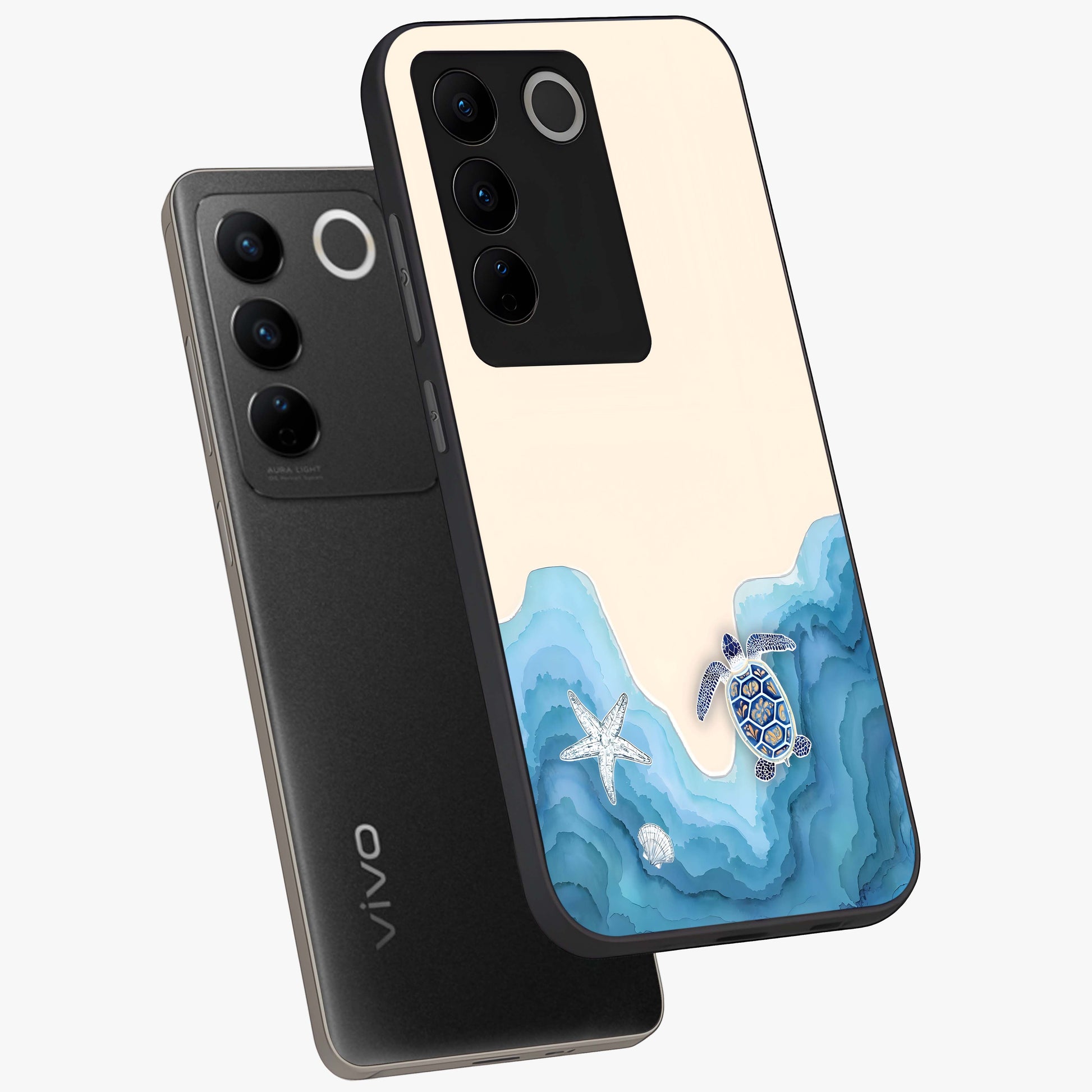 Ocean Drift Turtle Glass Case displayed in angled mockup highlighting peaceful ocean turtle illustration with marine aesthetic.
