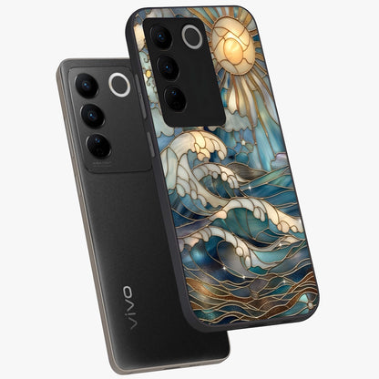 Oceanic Stained Printed Glass Case displayed in angled mockup highlighting colorful aquatic design with artistic aesthetic style.