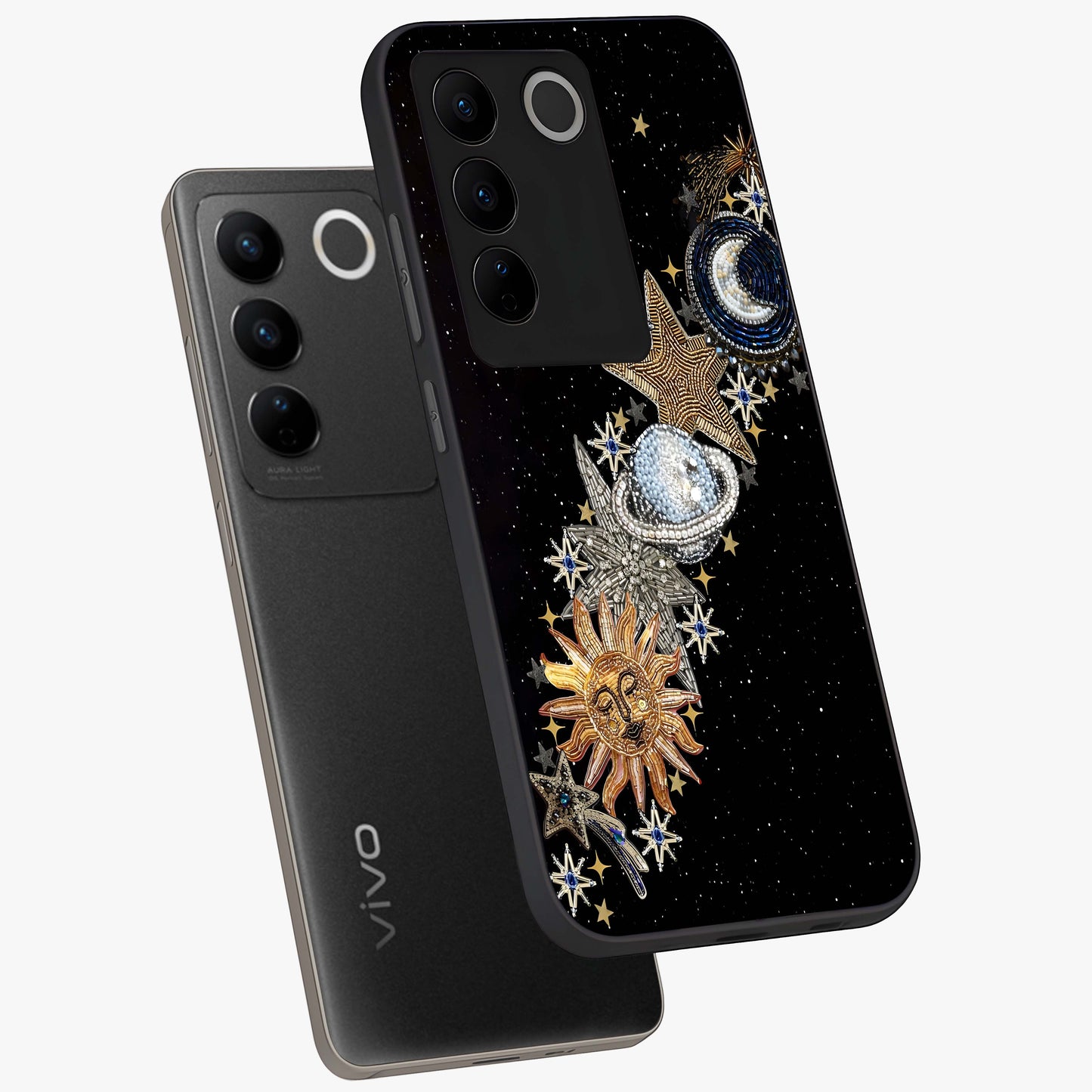 Pearls Universe Object Glass Case displayed in angled mockup highlighting celestial pearl design with dreamy aesthetic.