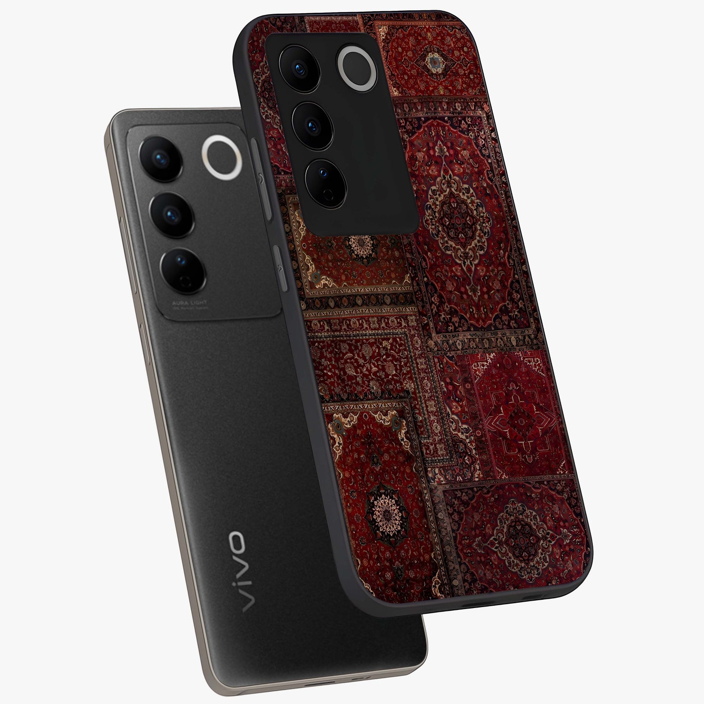 Persian Velvet Tale Glass Case displayed in angled mockup highlighting ornate textile inspired design with royal aesthetic.
