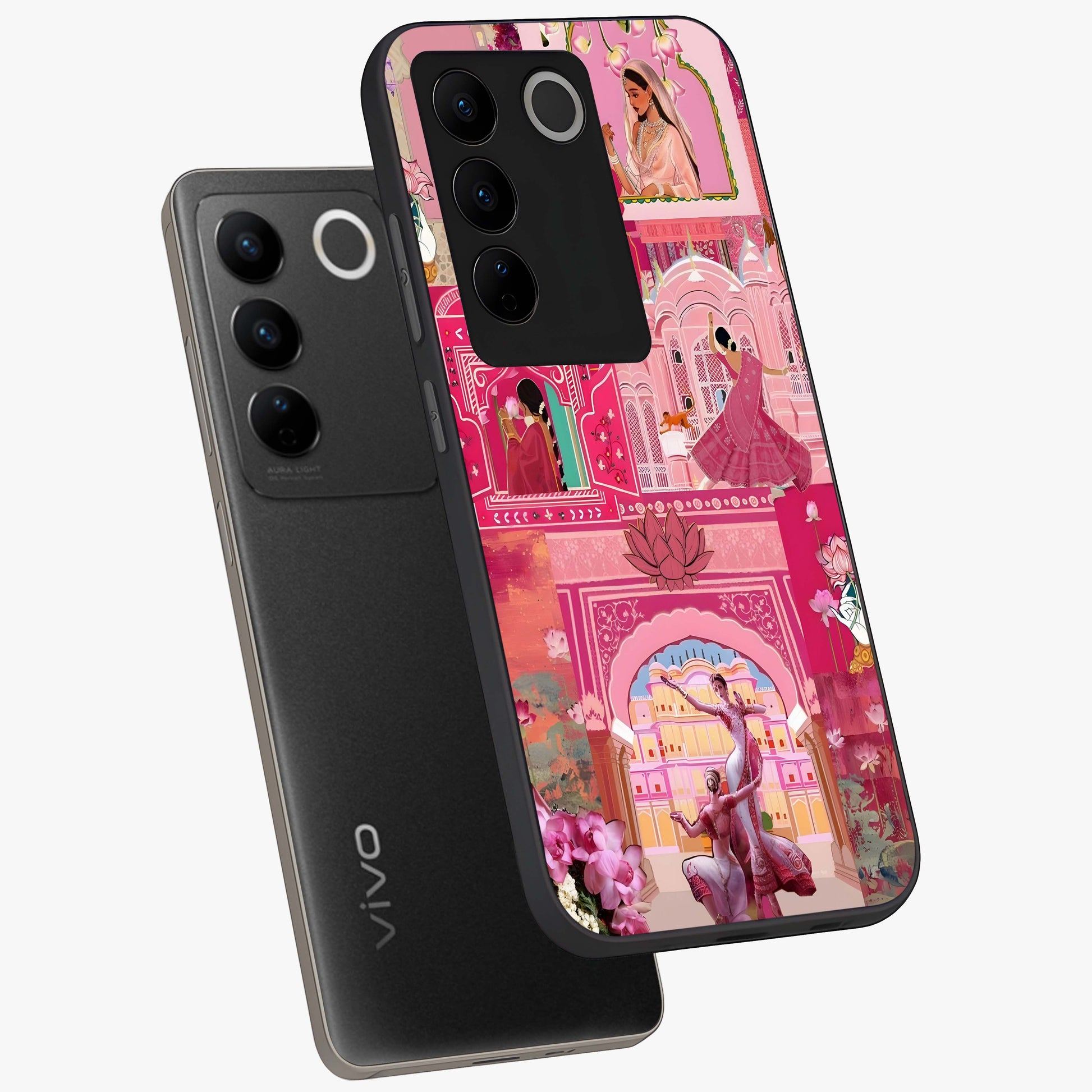 Pink Palace Muse Glass Case displayed in angled mockup highlighting dreamy palace illustration with soft pink aesthetic.