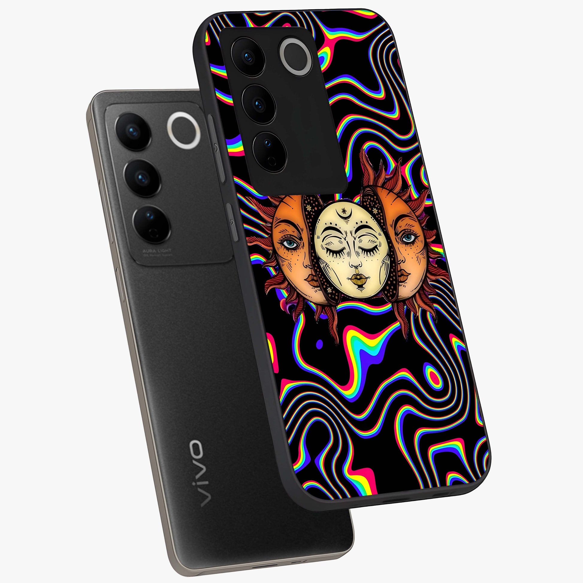 Psychedelic Sun Glass Case displayed in angled mockup highlighting vibrant abstract sun design with artistic aesthetic style.