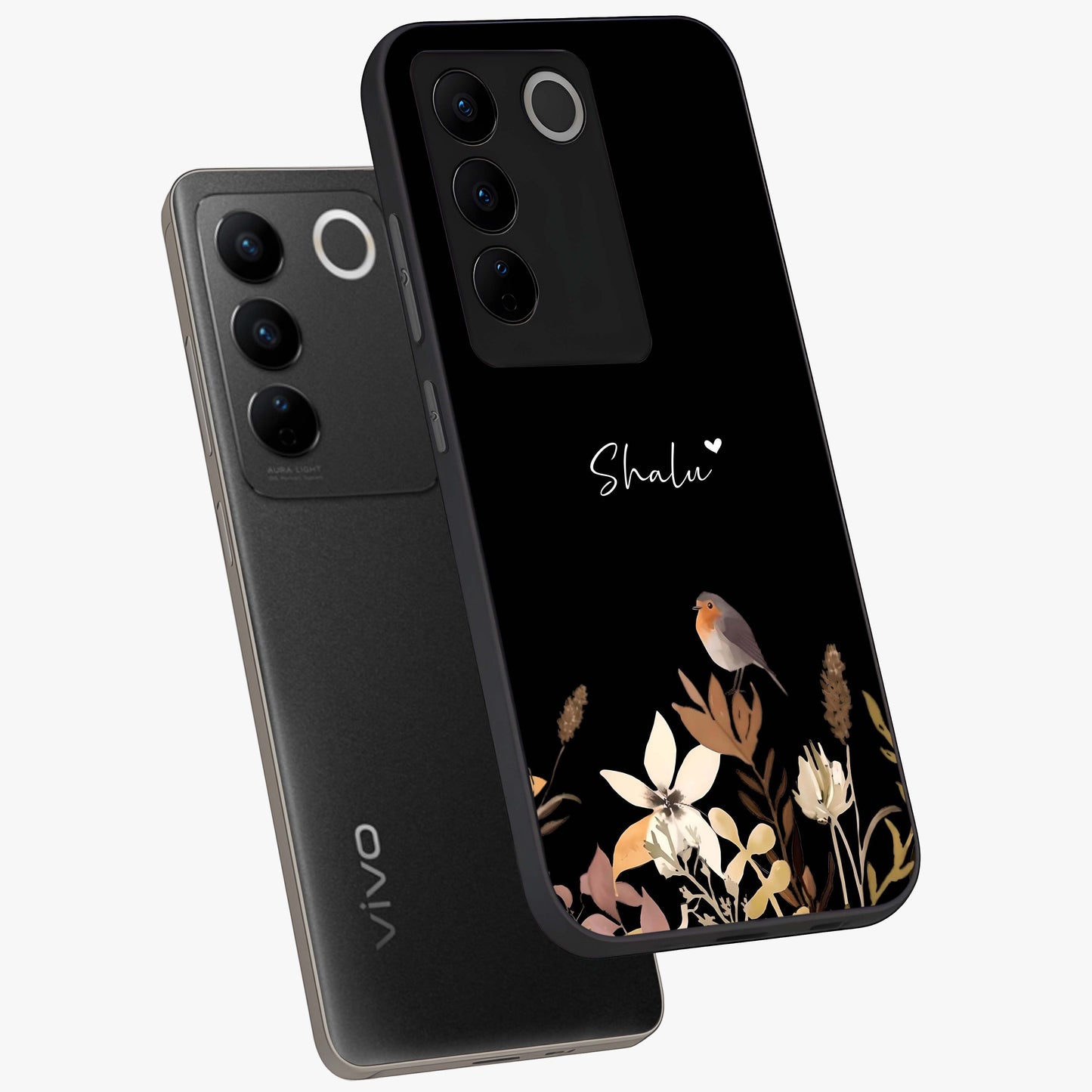 Quiet Garden Tune Custom Name Glass Case displayed in angled mockup highlighting delicate floral garden design with custom name feature.