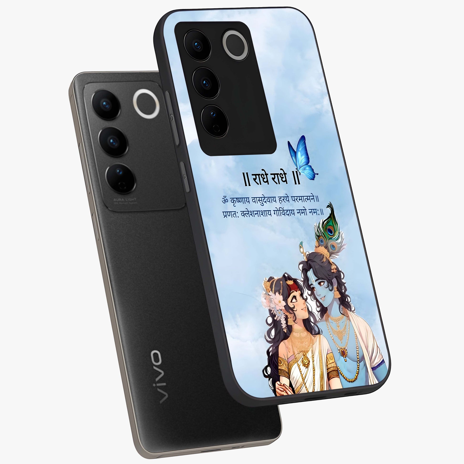 Radha Krishna Eternal Glass Case displayed in angled mockup highlighting divine Radha Krishna illustration with spiritual aesthetic.