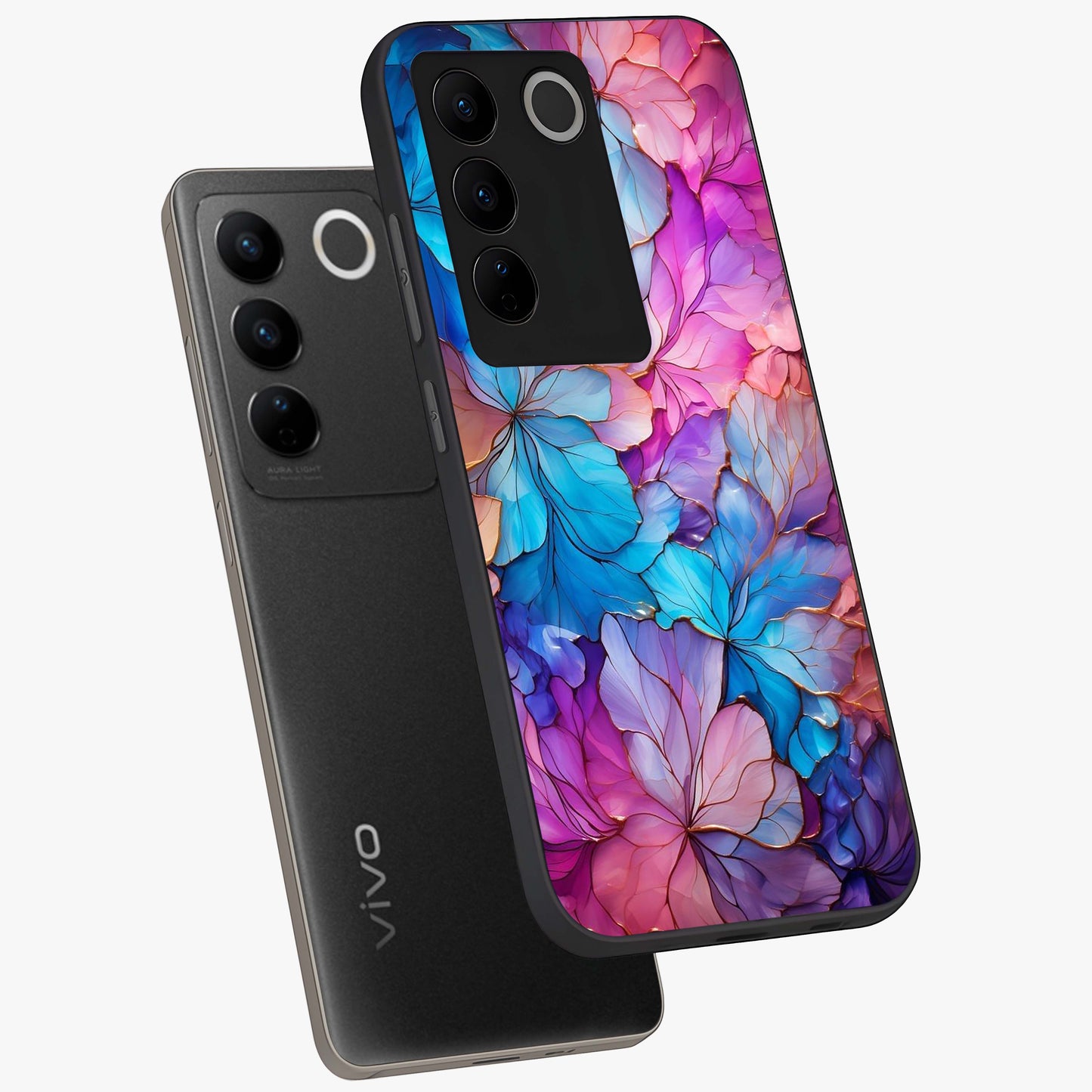 Radiant Floral Whirl Glass Case displayed in angled mockup highlighting vibrant flower pattern with dynamic artistic aesthetic.
