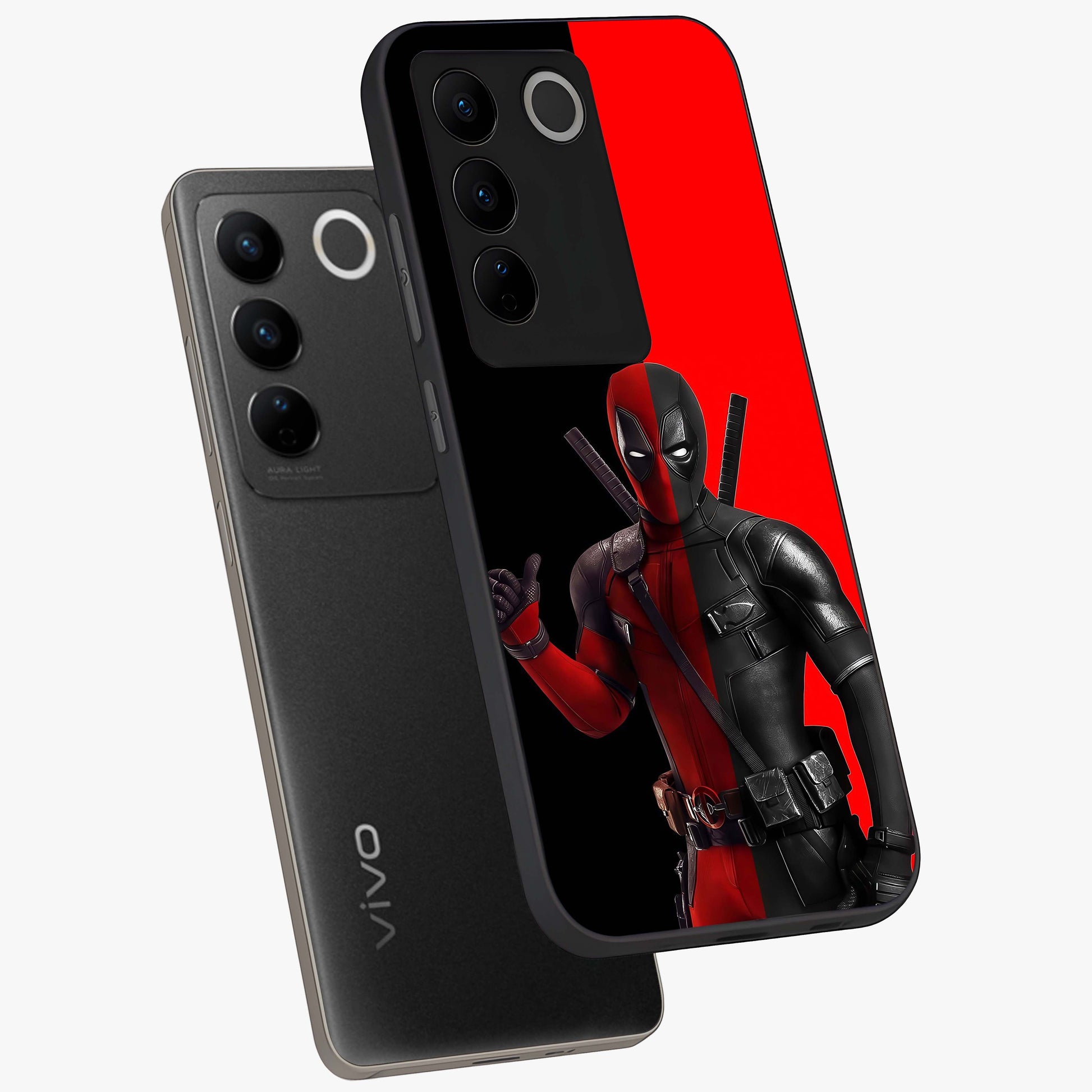 Red & Black Deadpool Theme Glass Case displayed in angled mockup highlighting vibrant superhero style illustration with action aesthetic.