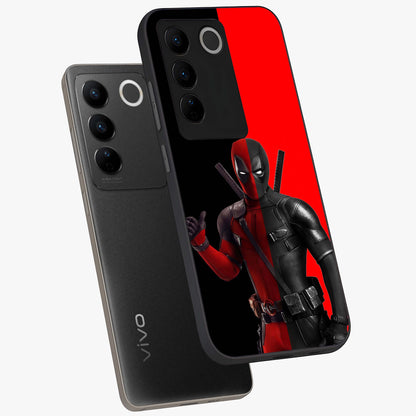 Red & Black Deadpool Theme Glass Case displayed in angled mockup highlighting vibrant superhero style illustration with action aesthetic.