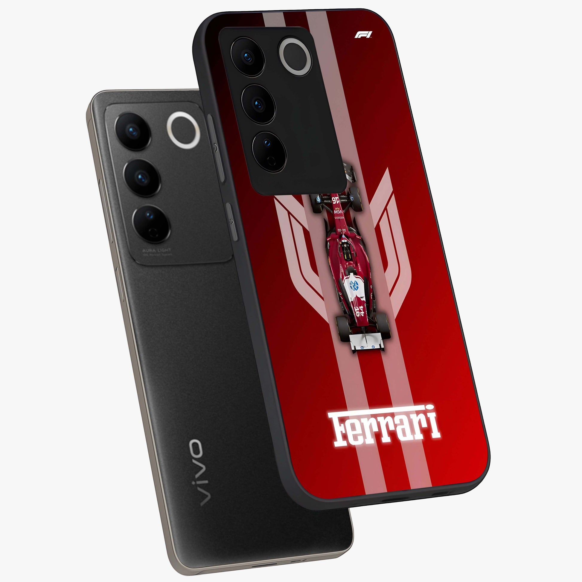 Red Ferrari F1 Vertical Glass Case displayed in angled mockup highlighting high speed racing design with bold automotive aesthetic.