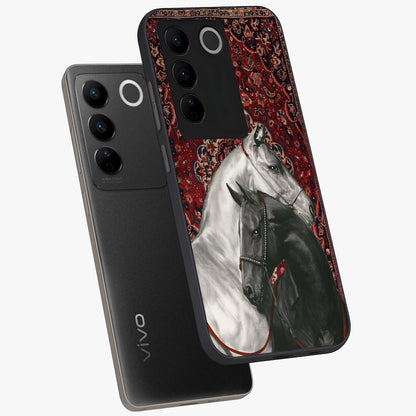 Regal Stallion Tapestry Glass Case displayed in angled mockup highlighting royal stallion design with decorative heritage aesthetic.