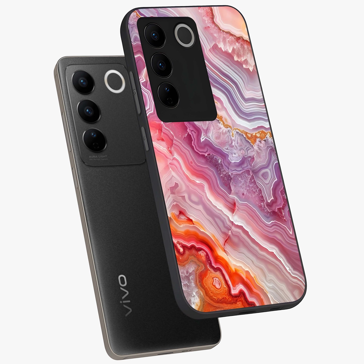 Rose Quartz Marble Glass Case displayed in angled mockup highlighting elegant marble pattern with soft aesthetic style.