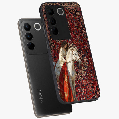 Royal Rider Tapestry Glass Case displayed in angled mockup highlighting traditional tapestry design with royal heritage aesthetic.