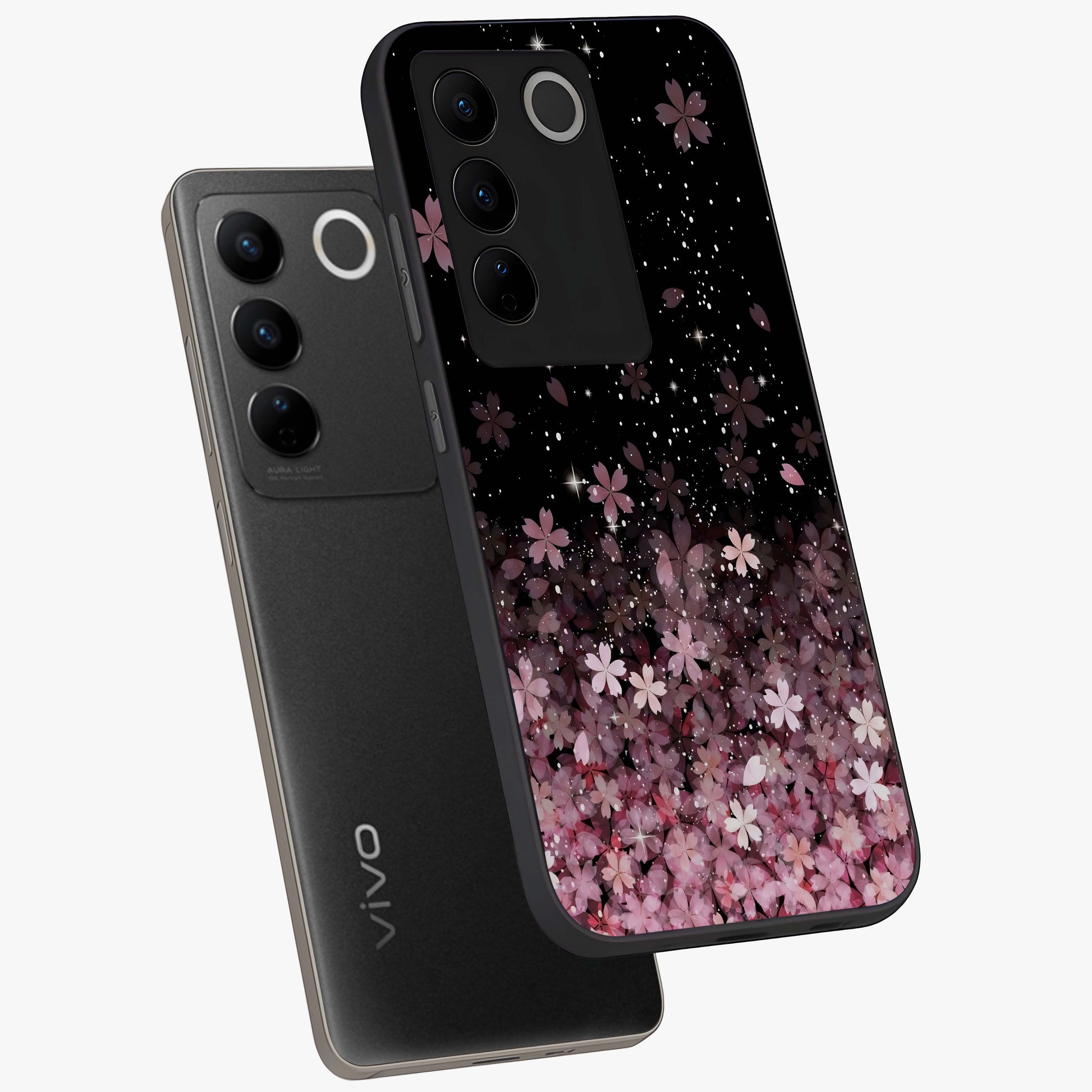 Small Starry Flowers Glass Case displayed in angled mockup highlighting tiny flower pattern with celestial aesthetic style.