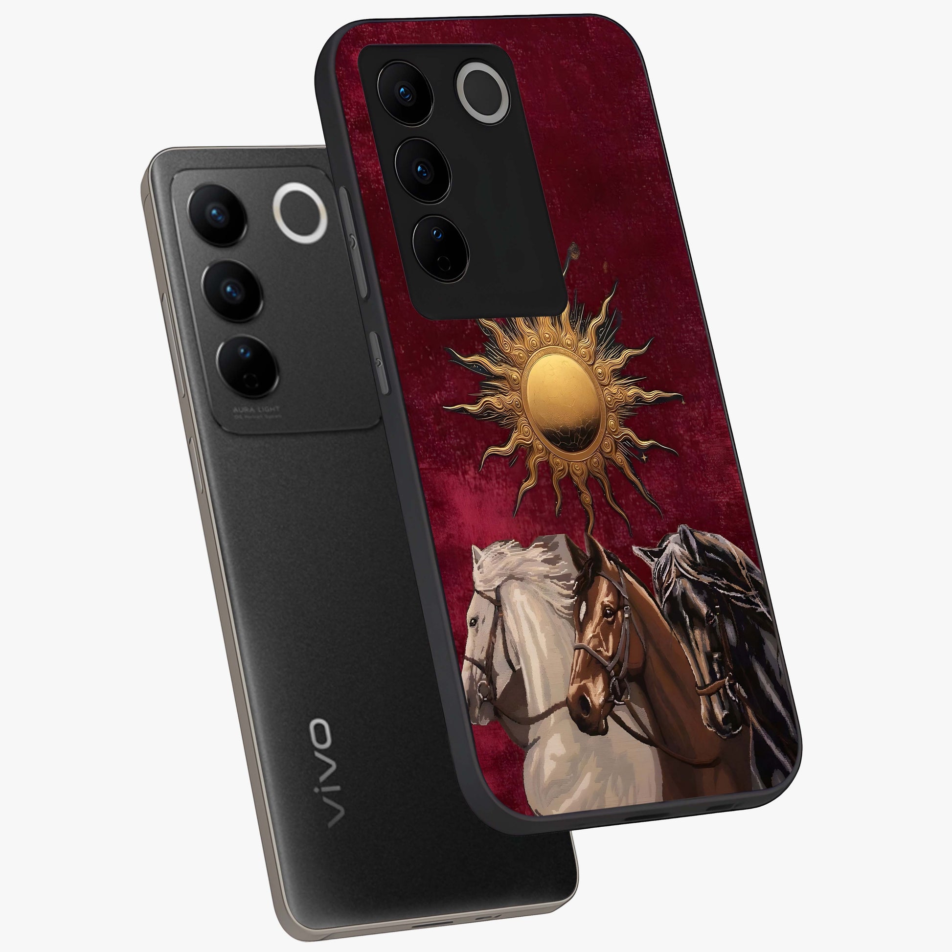 Solar Riders Glass Case displayed in angled mockup highlighting powerful rider illustration with radiant solar aesthetic.