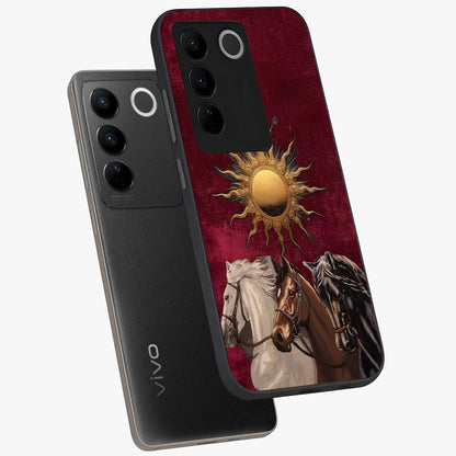 Solar Riders Glass Case displayed in angled mockup highlighting powerful rider illustration with radiant solar aesthetic.
