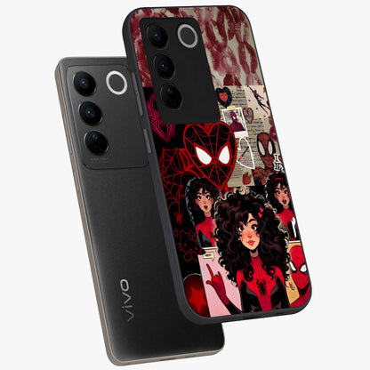 Spider Love Story Glass Case displayed in angled mockup highlighting expressive comic inspired design with playful aesthetic.