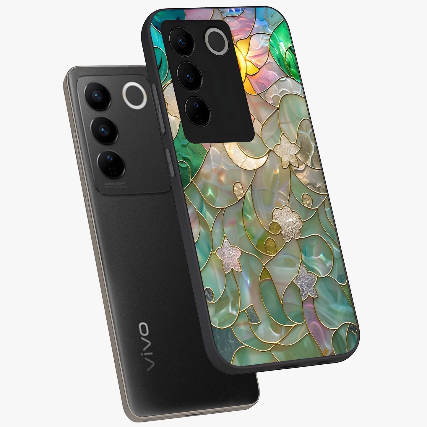 Stained Sunrise Glow Glass Case displayed in angled mockup highlighting radiant sunrise design with artistic aesthetic style.