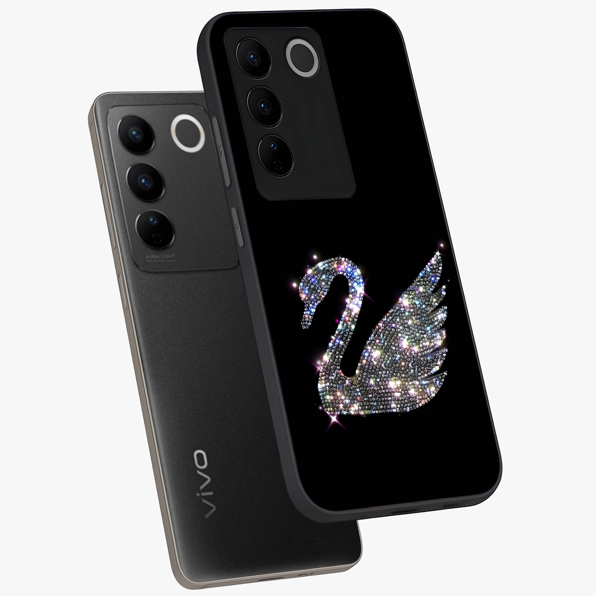 Starlit Swan Grace Glass Case displayed in angled mockup highlighting elegant swan illustration with dreamy celestial aesthetic.