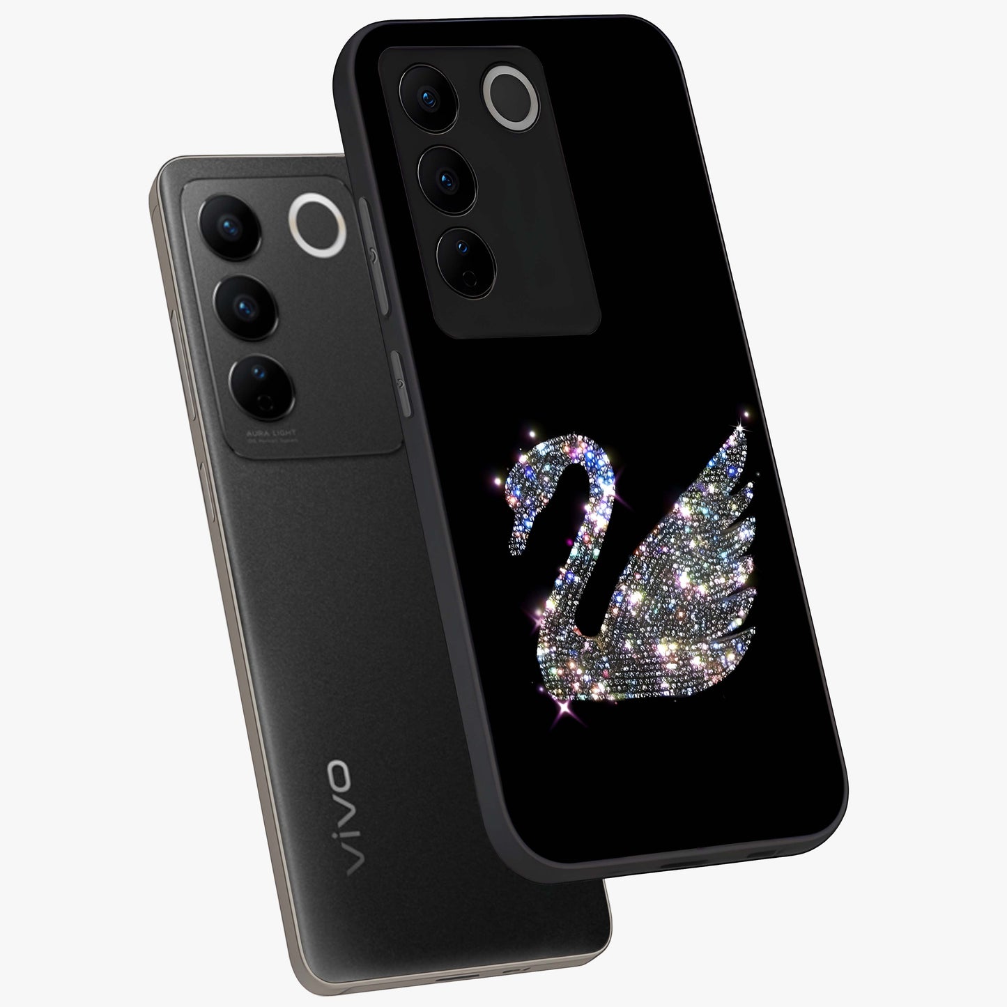 Starlit Swan Grace Glass Case displayed in angled mockup highlighting elegant swan illustration with dreamy celestial aesthetic.