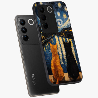 Starry River Cats Glass Case displayed in angled mockup highlighting charming feline illustration with dreamy night aesthetic.