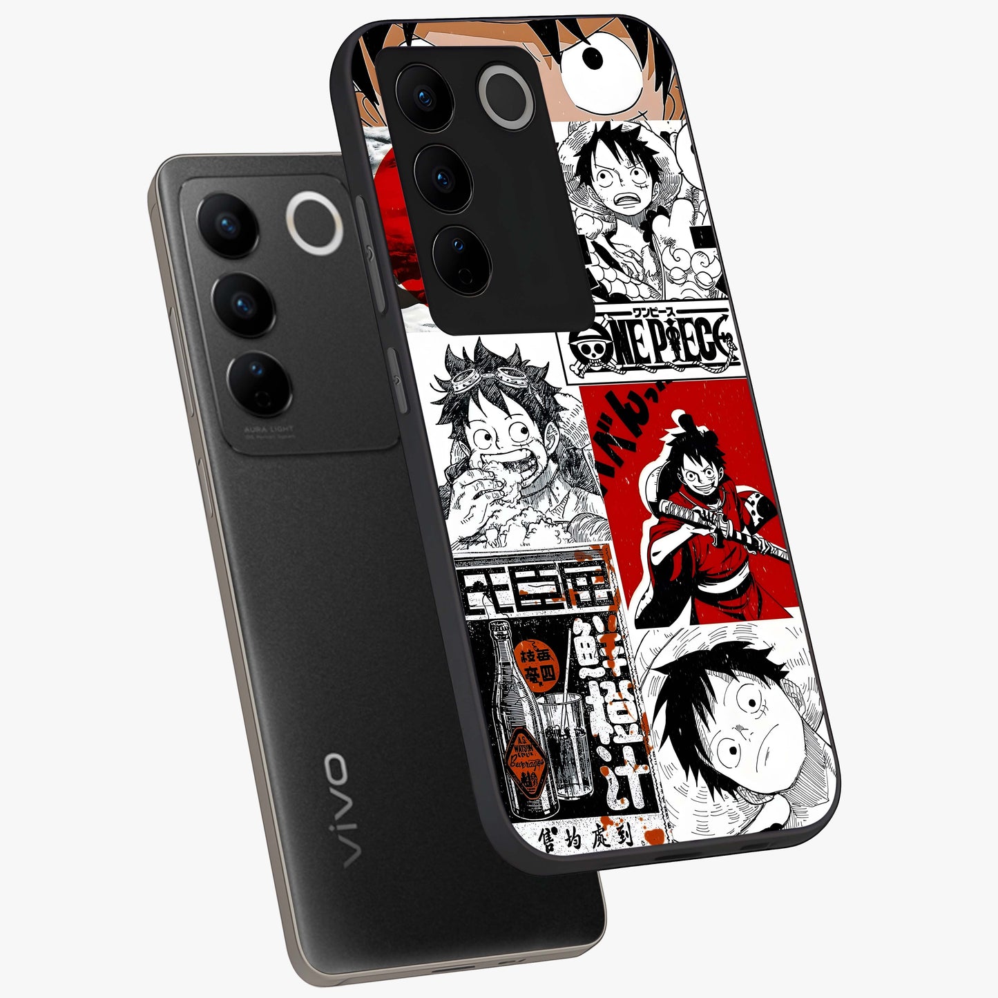 Strawhat Chaos Panels Glass Case displayed in angled mockup highlighting vibrant anime collage design with action aesthetic.