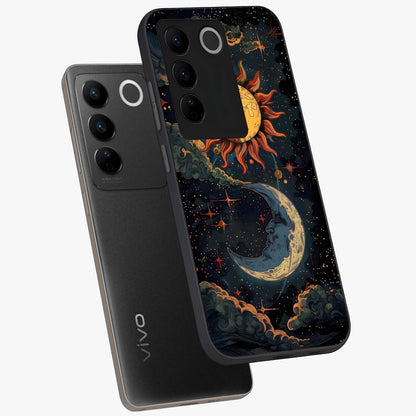 Sun And Moon Magic Design Glass Case displayed in angled mockup highlighting celestial design with magical cosmic aesthetic.