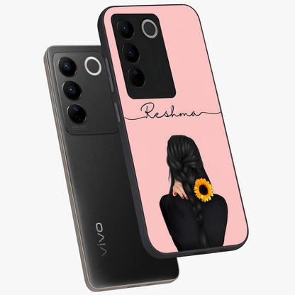 Sunflower Braid Beauty With Custom Name Glass Case displayed in angled mockup highlighting elegant sunflower design with custom name feature.
