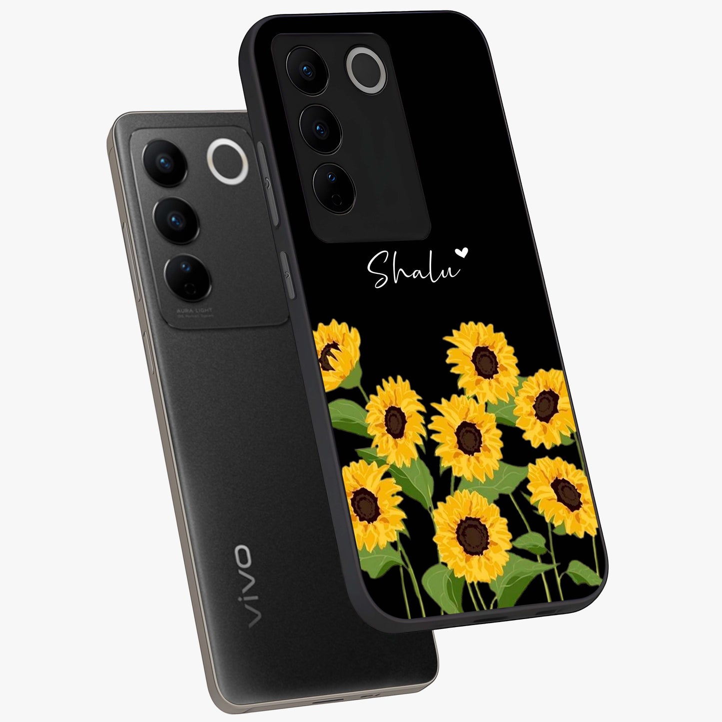 Sunflower Chic Mood Custom Name Glass Case displayed in angled mockup highlighting vibrant sunflower design with custom name feature.