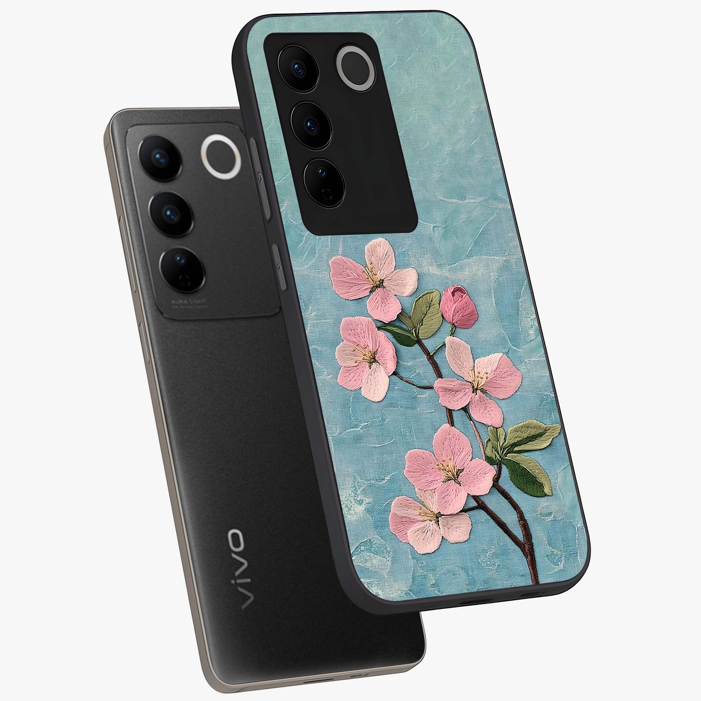 Threaded Blossom Breeze Glass Case displayed in angled mockup highlighting elegant floral design with soft aesthetic style.