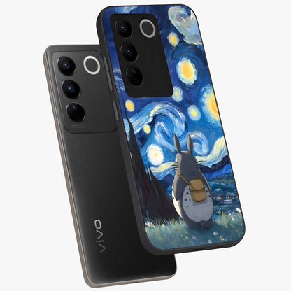 Totoro In Van Gogh Art Glass Case displayed in angled mockup highlighting artistic swirling sky design with playful animation aesthetic.