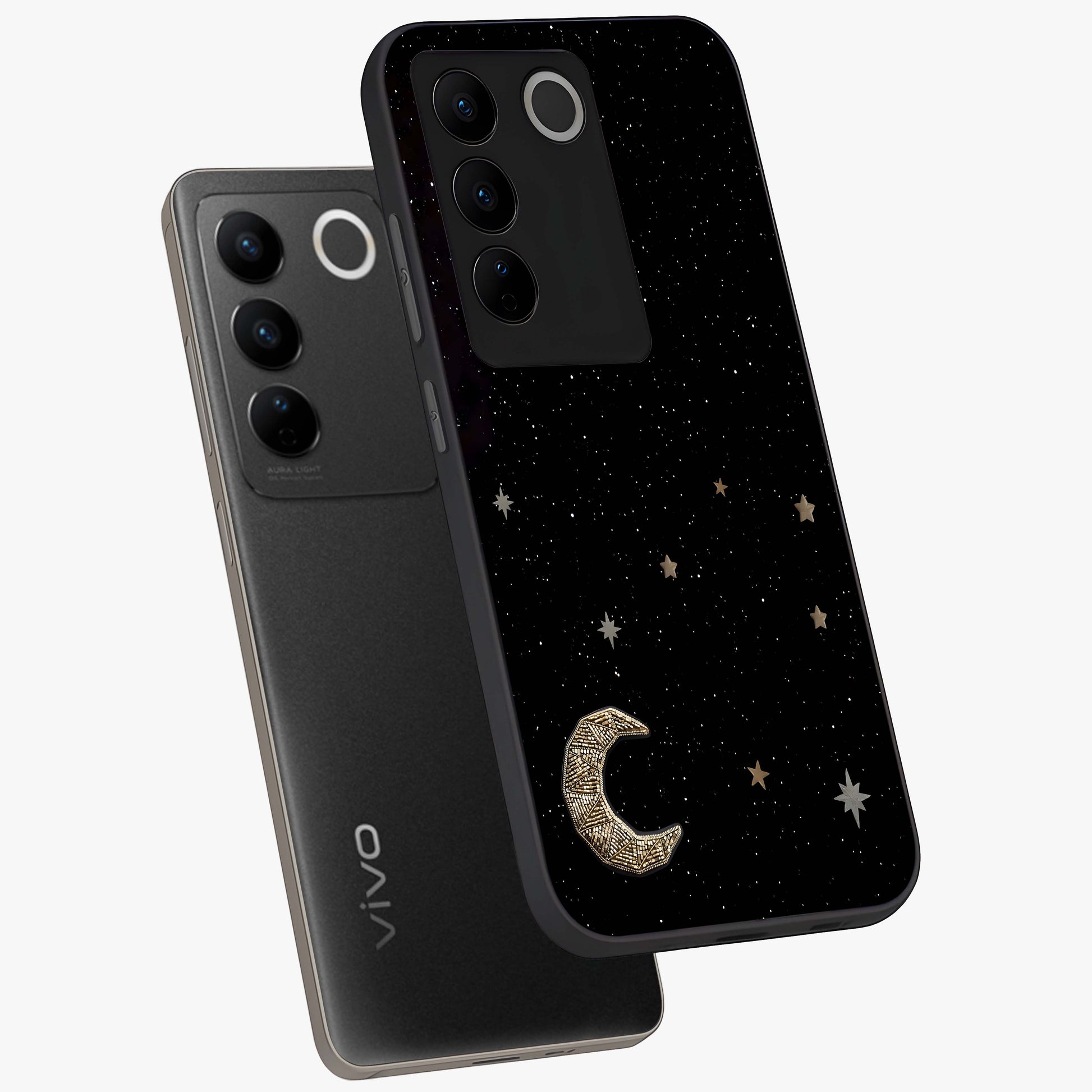 Twinkle Star With Half Moon Glass Case displayed in angled mockup highlighting celestial moon and star design with magical aesthetic.