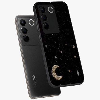 Twinkle Star With Half Moon Glass Case displayed in angled mockup highlighting celestial moon and star design with magical aesthetic.