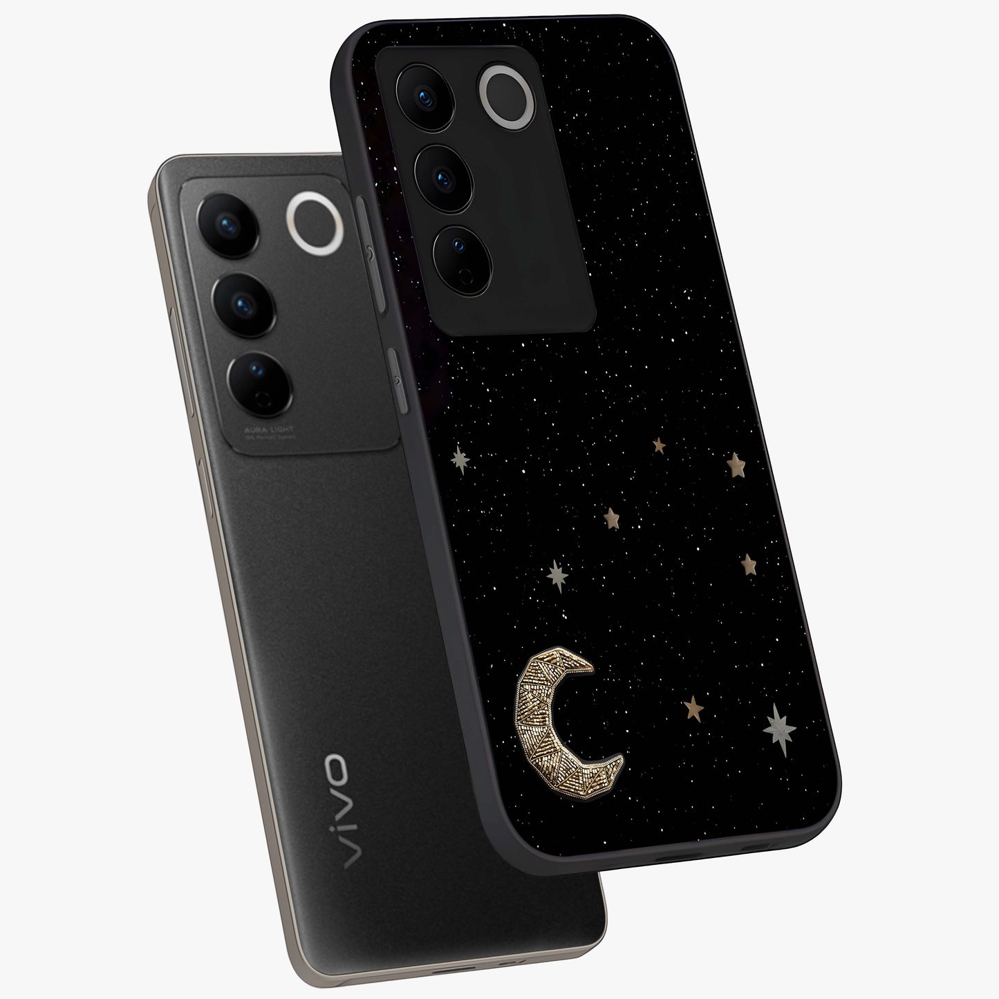 Twinkle Star With Half Moon Glass Case displayed in angled mockup highlighting celestial moon and star design with magical aesthetic.