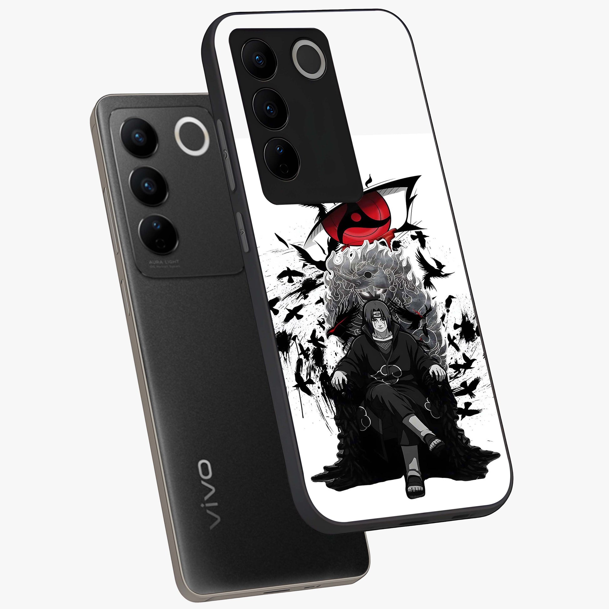 Uchiha Shadow Throne Glass Case displayed in angled mockup highlighting glowing aquatic design with celestial aesthetic.