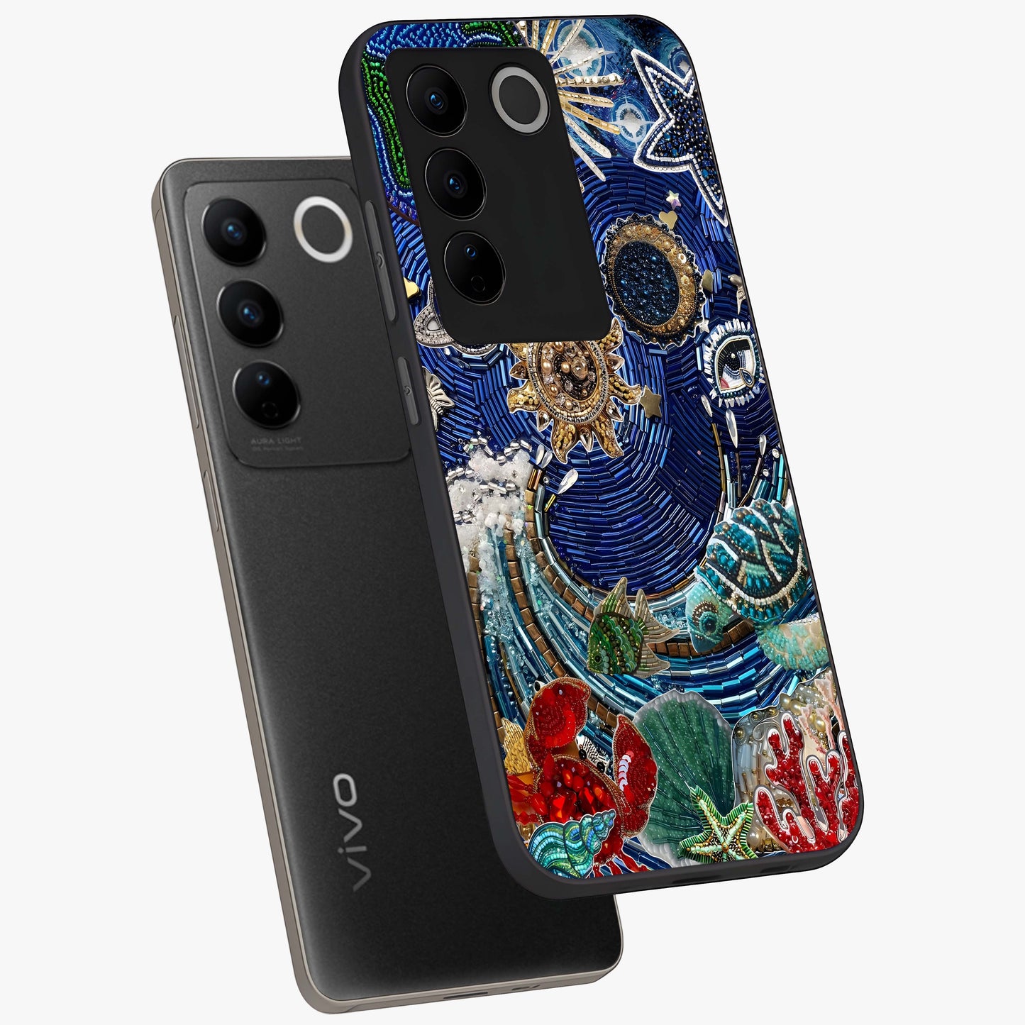 Universe Underwater Spark Glass Case displayed in angled mockup highlighting glowing aquatic design with celestial aesthetic.