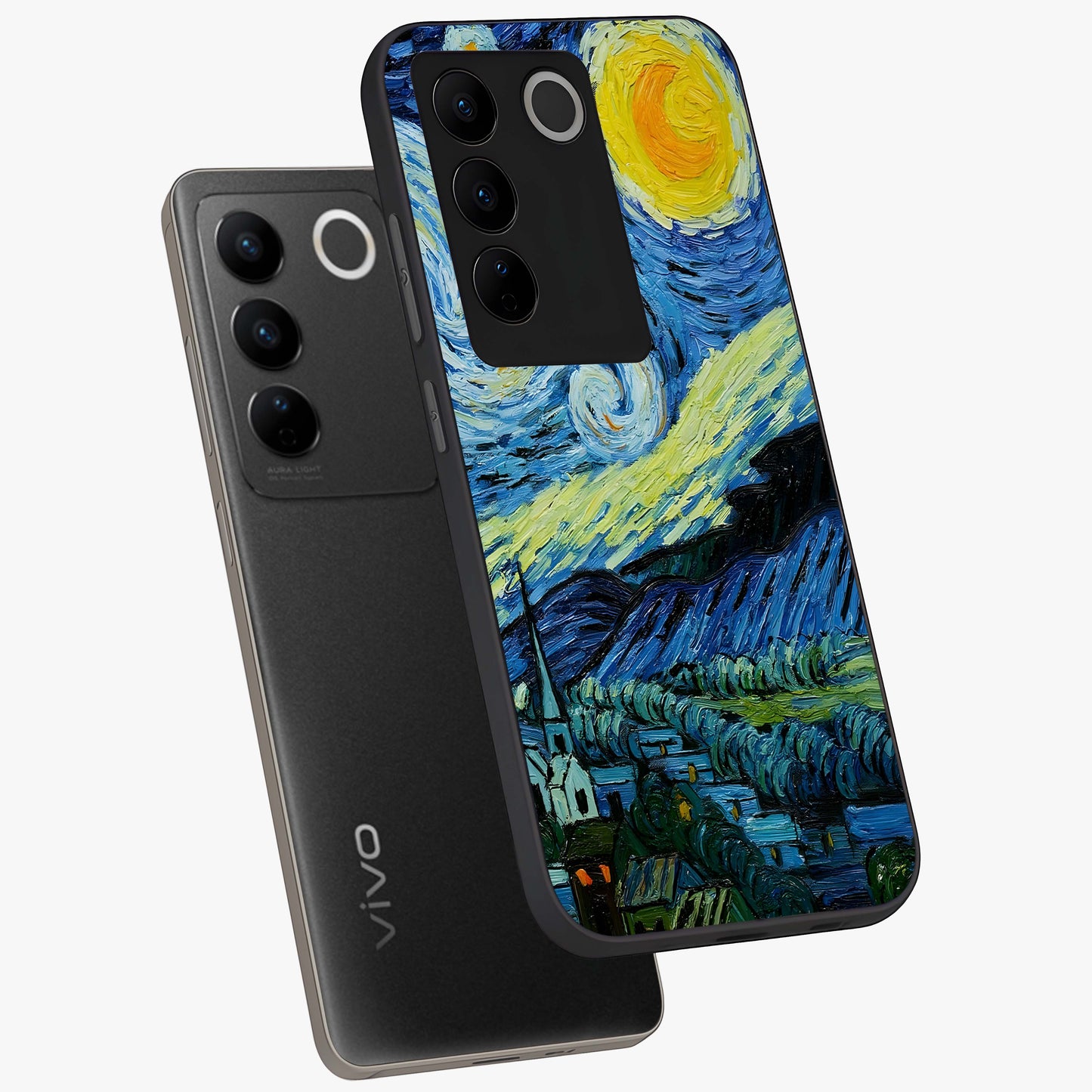 Van Gogh Art Glass Case displayed in angled mockup highlighting swirling brushstroke design with artistic aesthetic.