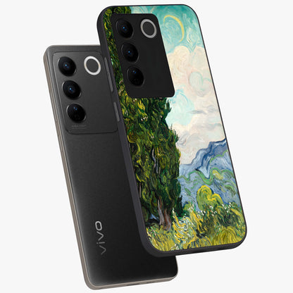 Van Gogh Vintage Art Glass Case displayed in angled mockup highlighting textured brushstroke design with classic aesthetic.