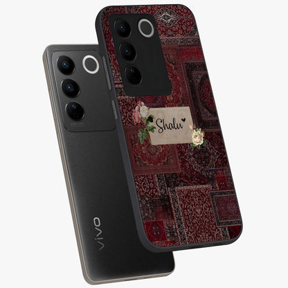 Velvet Wine Pattern Custom Name Glass Case displayed in angled mockup highlighting decorative velvet inspired design with custom name feature.