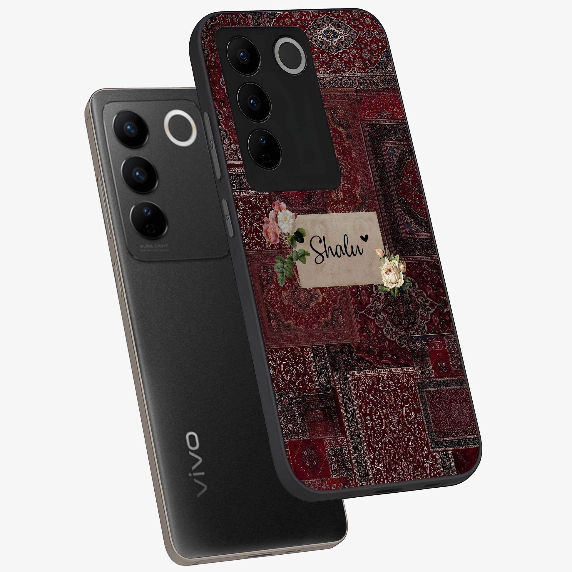 Velvet Wine Pattern Custom Name Glass Case displayed in angled mockup highlighting decorative velvet inspired design with custom name feature.