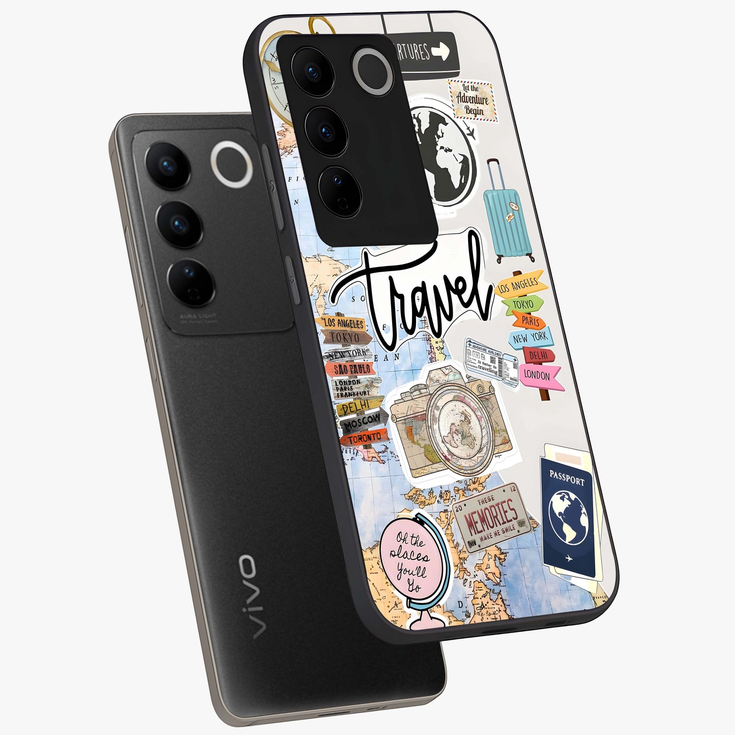Wanderlust Journal Glass Case displayed in angled mockup highlighting adventure themed design with aesthetic travel vibe.