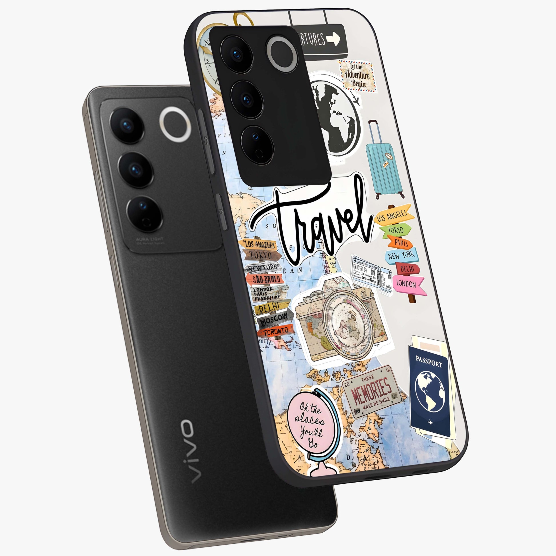 Wanderlust Journal Glass Case displayed in angled mockup highlighting adventure themed design with aesthetic travel vibe.