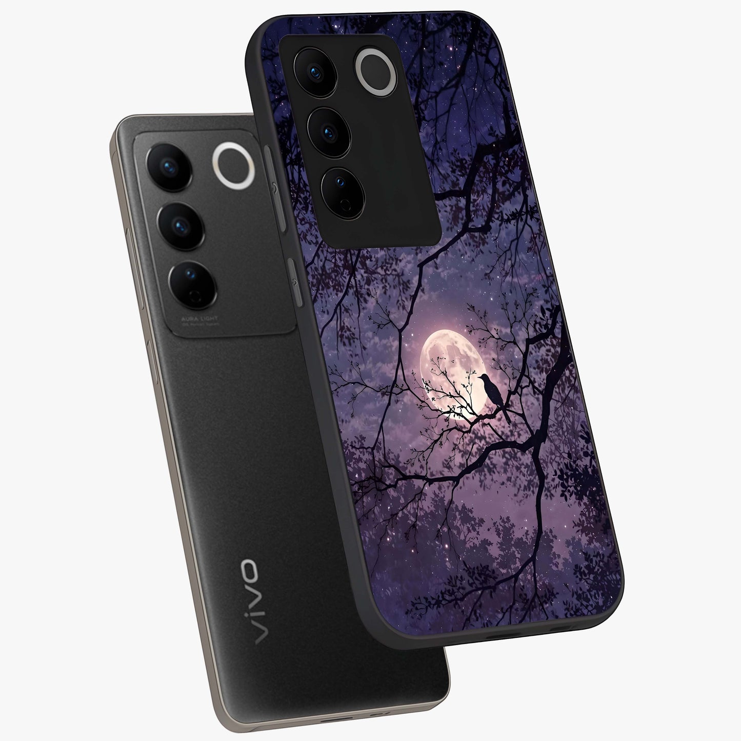 Whispering Moon Silence Glass Case displayed in angled mockup highlighting calm lunar design with dreamy night aesthetic.