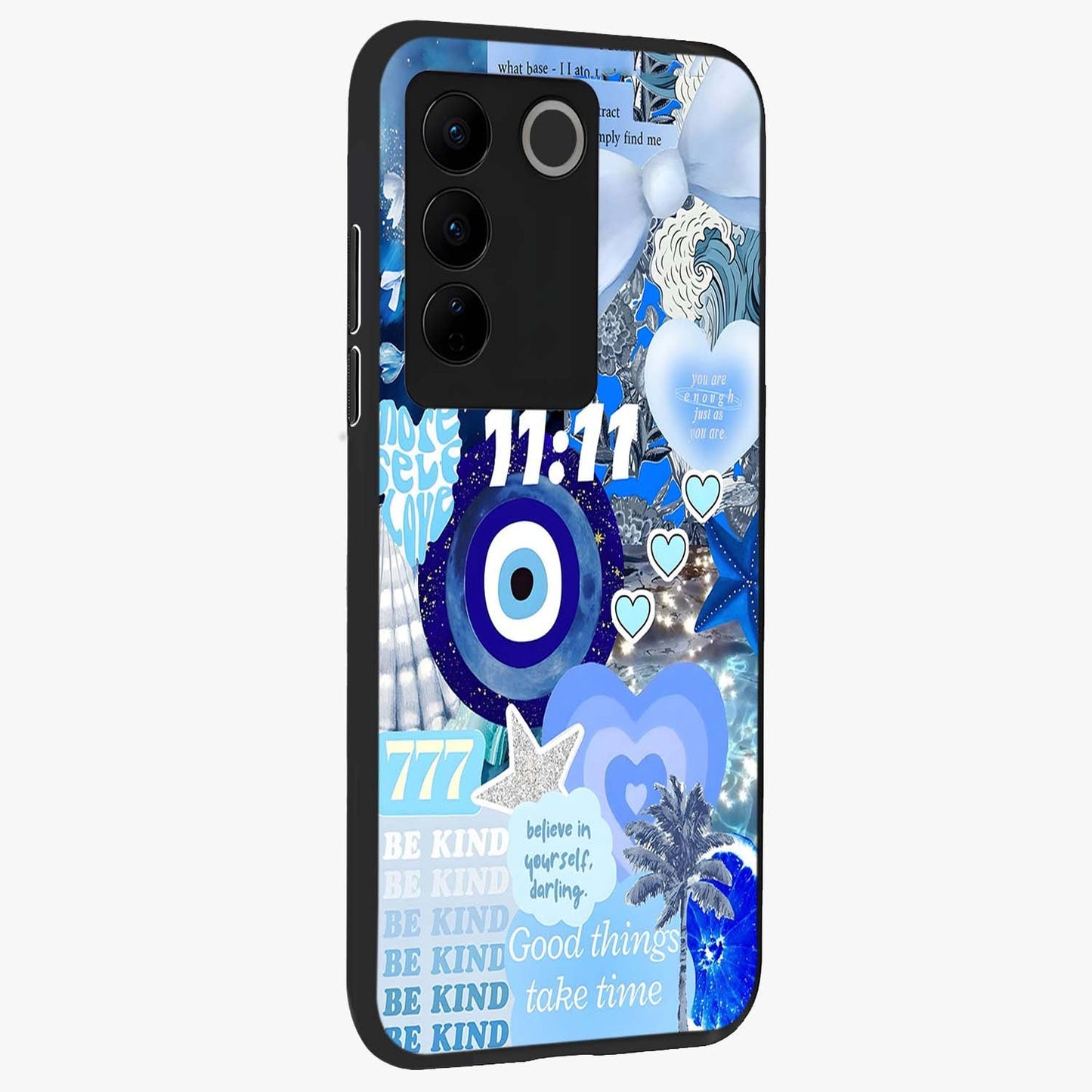 Aesthetic Be Kind Eye Glass Case upright view showcasing stylish eye illustration with positive message theme.