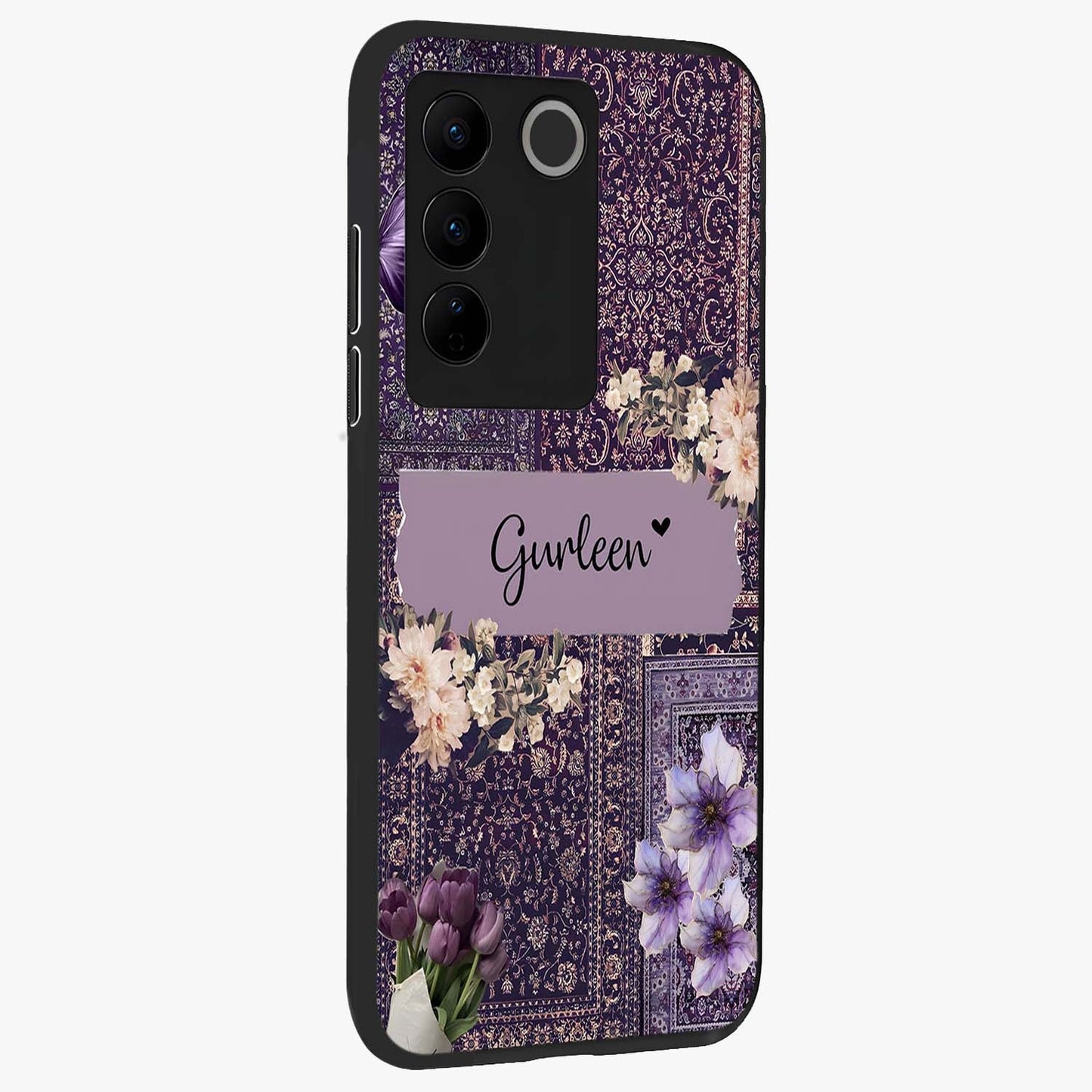 Antique Floral Whisper Custom Name Glass Case upright view showcasing delicate floral artwork with custom name feature.