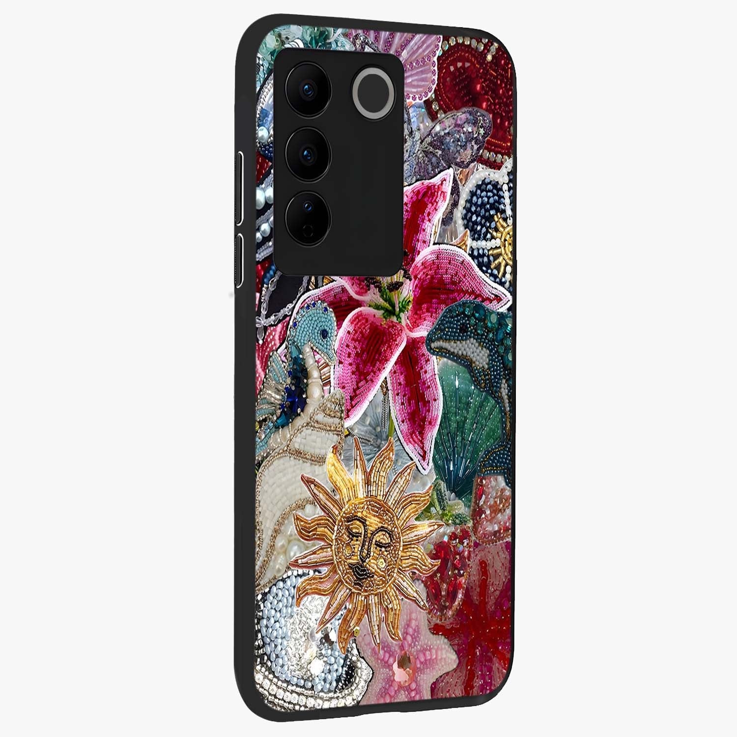 Beaded Garden Fantasy Glass Case upright view showcasing whimsical garden aesthetic with artistic bead details.