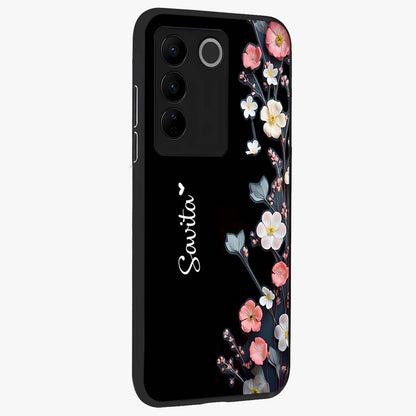Black Elegance Floral Custom Name Glass Case upright view showcasing luxurious black floral design with personalized name detail.