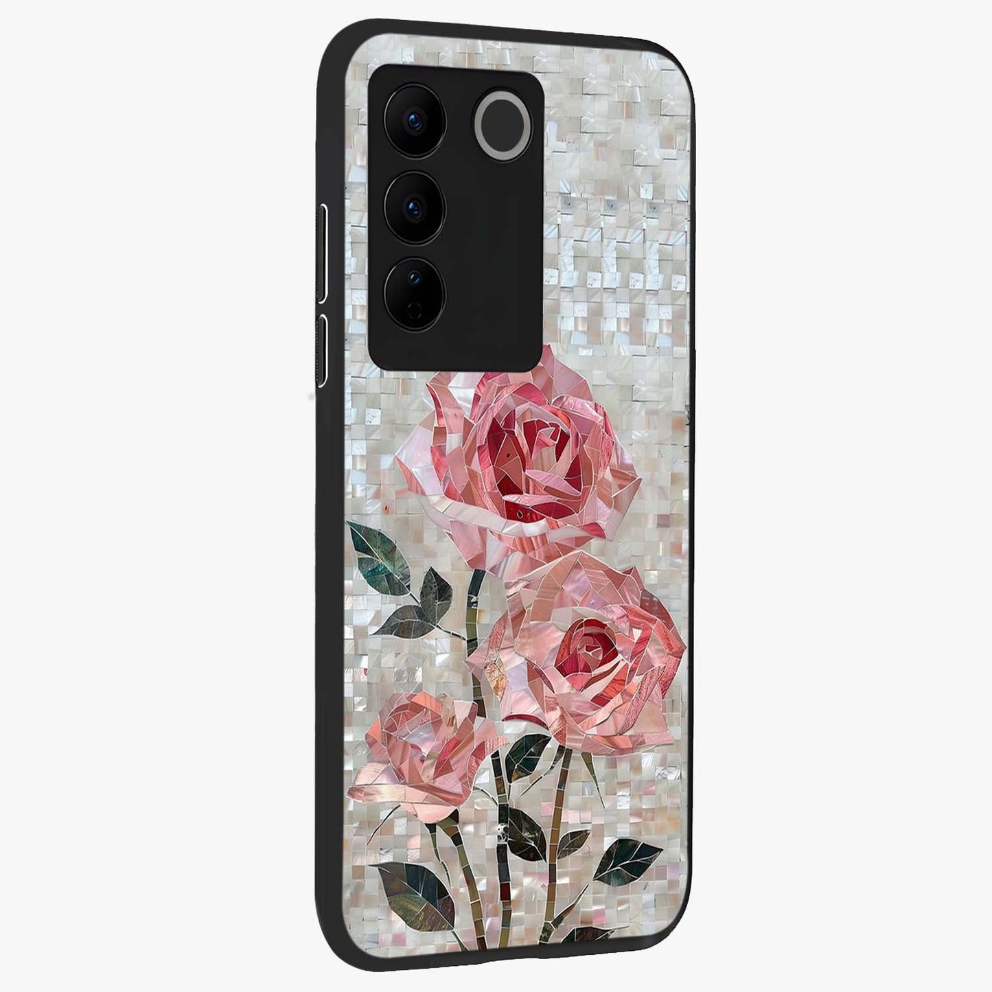Blush Mosaic Bloom Glass Case upright view showcasing decorative floral mosaic artwork with stylish modern aesthetic.