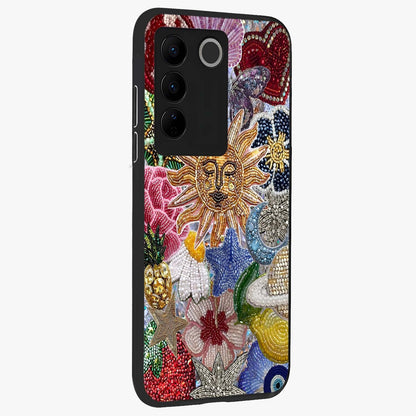 Celestial Floral and Playful Glass Case upright view showcasing whimsical floral artwork with cosmic aesthetic theme.