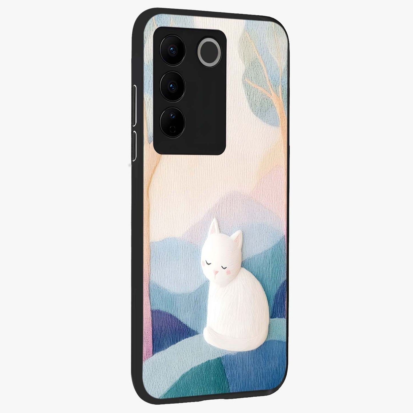 Cotton Dream Cat Glass Case upright view showcasing charming cat artwork with cozy dreamy theme.